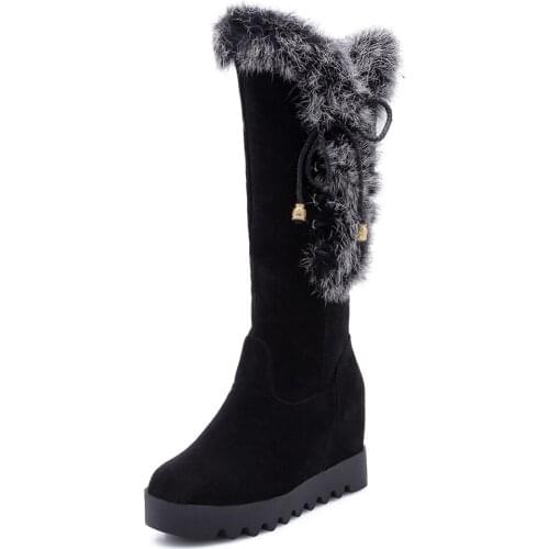 Wedge Heel Womens Sleeve High-Heeled Snow Boots Winter New High-Heeled Flock Boots Internally Increased Artificial Rabbit Shoes