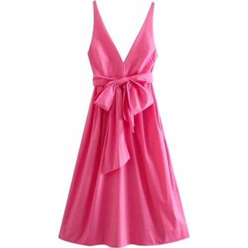 Women Solid Color Cotton Dress Chic Bow Tie Sleeveless Backless Midi Dress Female Pink Color Spaghetti Strap Dresses