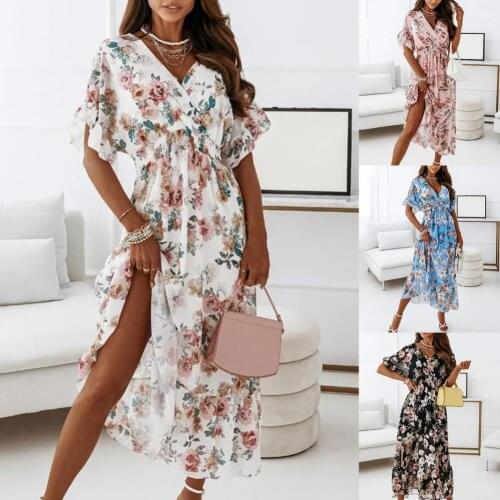 Women Dress Floral Print Elastic Tight Waist Sexy V Neck Ruffle Cuff Dress for Outdoor