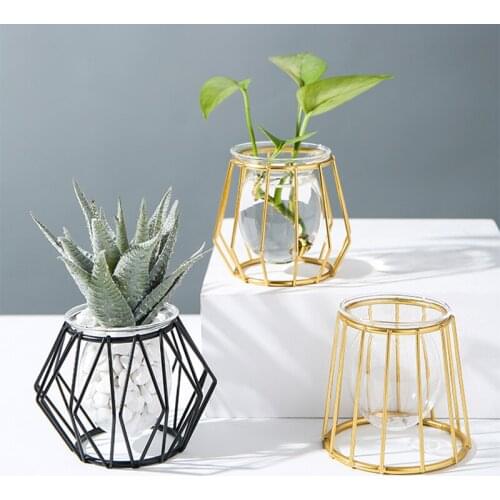 Gold Vase Terrarium Decor Metal Flower Vase Nordic Decoration Home Plant Pot Decorative Vase For Flowers Living Room Glass Decor