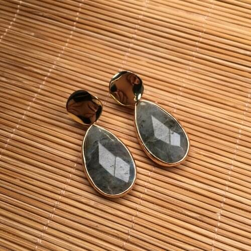 1 Pair Fashion Natural Stone Earrings Stud Handmade Water Drop Shape Gray Quartz Crystal Stone Earring Jewelry Gifts For Women