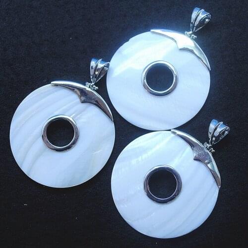 1PC white shell pendants mother of pearl with silver color metal parts for women necklace making accessories size 50mm