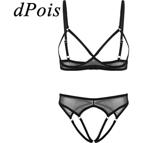 2Pcs Womens Open Cups Bra Top with Low Rise Crotchless Panties Briefs Sexy Woman Underwear See Through Sheer Mesh Lingerie Set