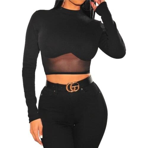 2020 Fashion Trend Womens Fall See-Through Top Patchwork Elastic Party Clothes Round Neck Warm Pullover Slim Fit Tee T-shirts