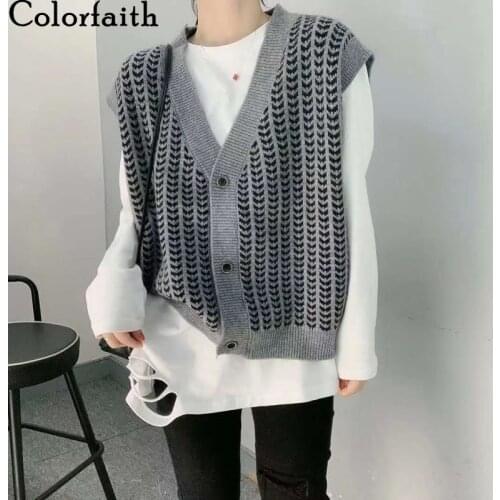 Colorfaith 2021 New Spring Autumn Women Sweater V-Neck Sleeveless Single Breasted Vintage Vest Checkered Waistcoat Top SWV1294JX