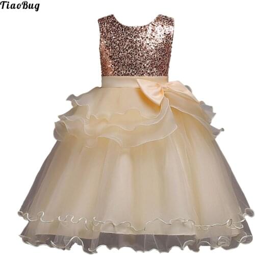 TiaoBug Kids Girls Sequins Ruffle Party Dress Round Neck Sleeveless Bowknot Tulle Princess Costume For Wedding Birthday Party