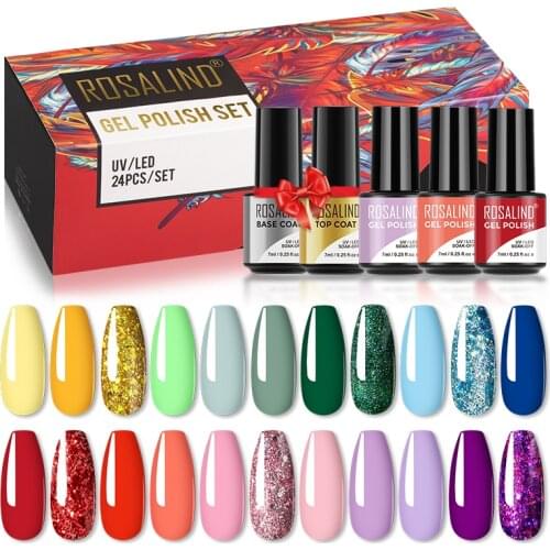 ROSALIND 24PCS Gel Nail Polish Set Glitter Semi Permanent Hybrid Gel Varnish Need Base Top Coat Nails Art Nail Polish Kit