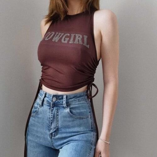 WOMENGAGA 2021 New Cotton Slim-fit Drawstring Women Tops Hot Rhinestones I-shaped Round Neck Letter Vest Tank Tops B6KI