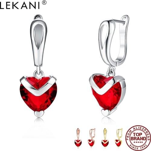 LEKANI Heart Shape Fashion Earrings For Women 2021 Statement Transparent Red Zircon Rose Gold Korea Drop Earring Jewelry Hot