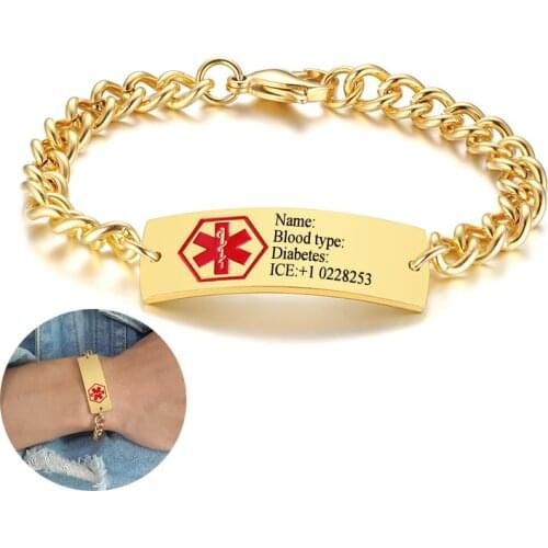 Medical Alert ID Bracelet Men Free Engravable Wide Bar Stainless Steel Chain Bangle Identification Remind Jewelry