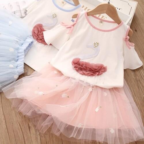 Cute Girls Outfits Boutique 3D swan Lace Bow Tulle Tutu Skirt Sets for Toddler Girl Clothes Suit Summer Noverlty