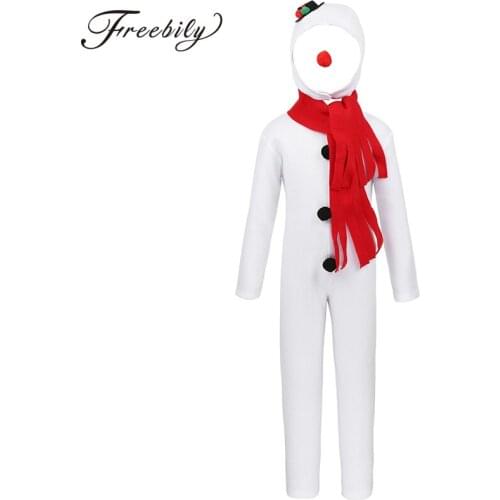 Unisex Kids Boys Girls Christmas Snowman Fancy Dress Costume Outfit White Long Sleeve Jumpsuit with Hat Red Nose Scarf Set