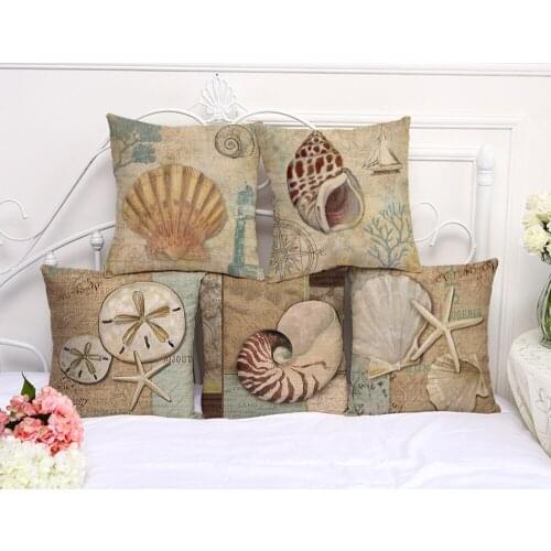 Three Materials Pillow Cover Mediterranean Sea Series Conch Starfish Do Old Cotton Linen Pillowcase Car Waist Cushion Cover