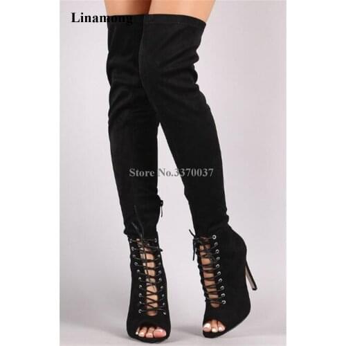 New Fashion Women Black Suede Leather Thin Heel Over Knee Gladiator Boots Lace-up Cut-out Long High Heel Boots Club Dress Boots