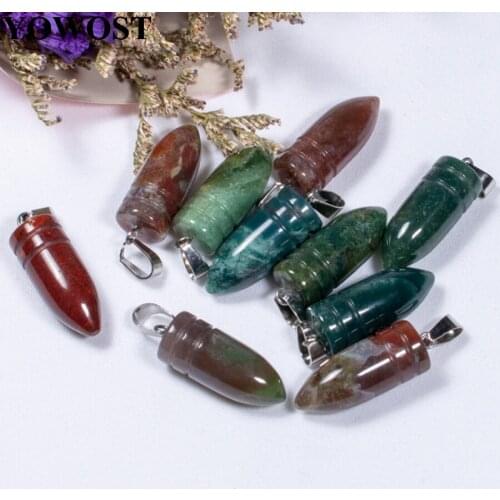 Wholesale 10Pcs/Lot Natural Stone Indian agate Beads Pendant Bullet Shape Dangle Charms Fit Necklace Earrings QV0031