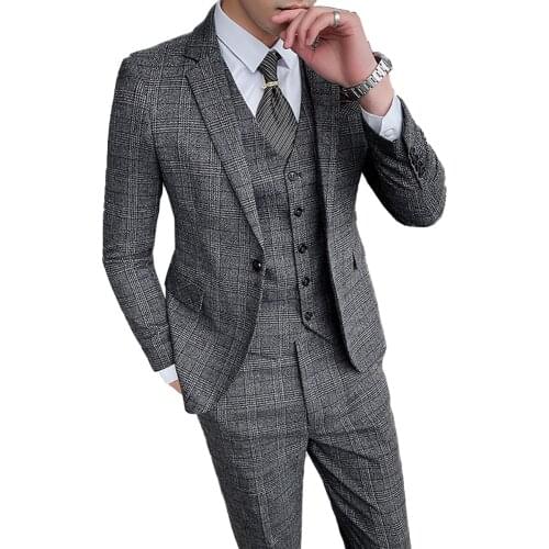 Jacket + Vest + Pants ) Boutique Fashion Plaid Mens Slim Casual Business Suit Groom Wedding Dress Formal Suit Three-piece Set