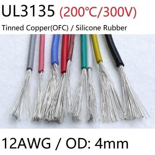 UL3135 Silicone Rubber Wire 12AWG OD 4mm Flexible Insulated Soft Electron Lamp Cable Tinned Copper High Temperature Color 600V