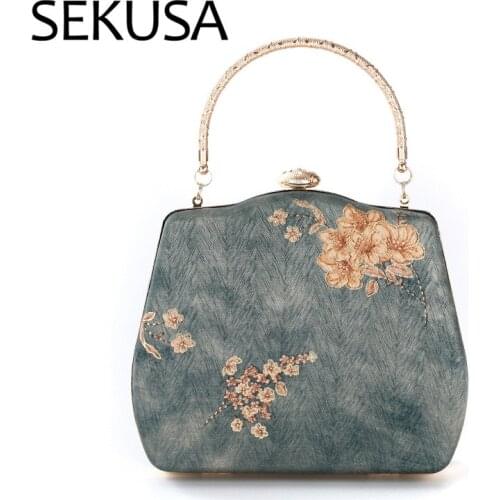 SEKUSA printed flower day clutch bucket design party evening bag chain shoulder vintage lady party case purse