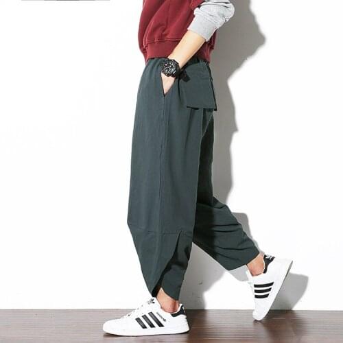 Men Sport Pants Linen Nepal Harem Hippie Loose Sweatpants Bloomers Baggy Casual Jogger Running Workout Athletic Pant Activewear