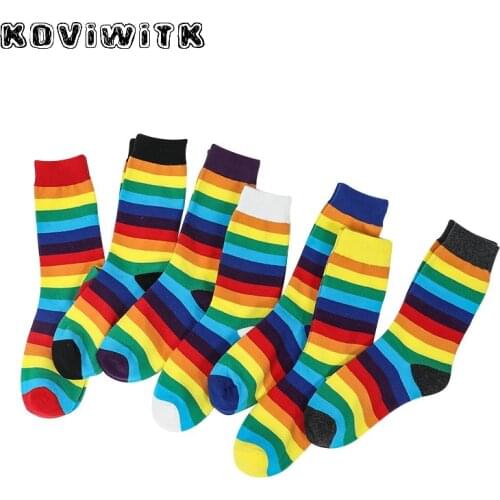 Funny Rainbow cotton socks women Colorful Striped red sock harajuku Winter Girls College ladies fashion Sport Womens yellow sox