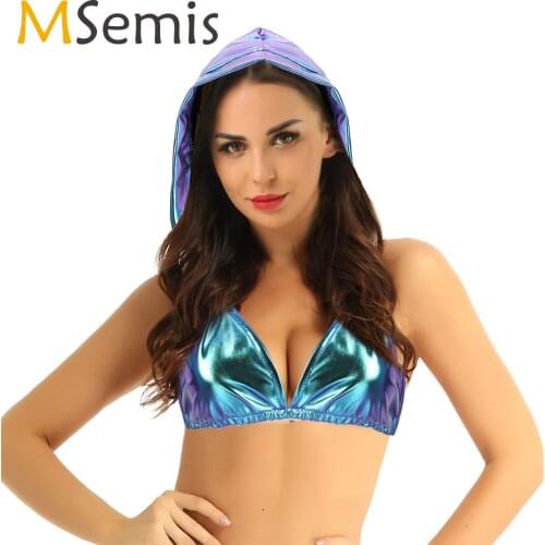 MSemis Women Holographic Top Wetlook Shiny Metallic Backless Hooded Bra Crop Top Ropa Pole Dance Festival Rave Clothes Costume