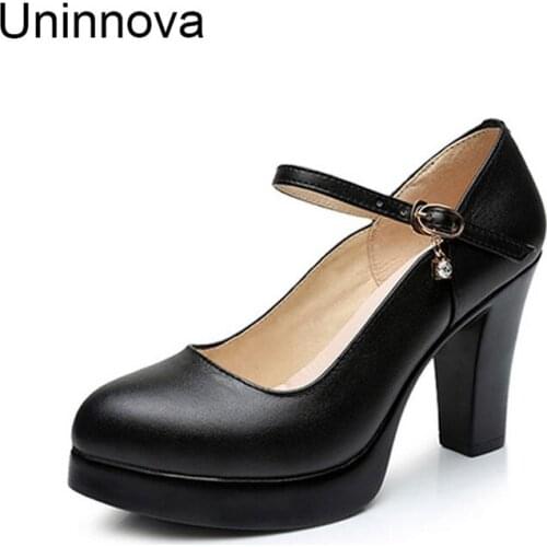 Uninnova Womens Mary Janes Split Leather Platform High Heels Buckle Shallow Office Lady Pumps Court Shoes Plus Size32-43 WP062