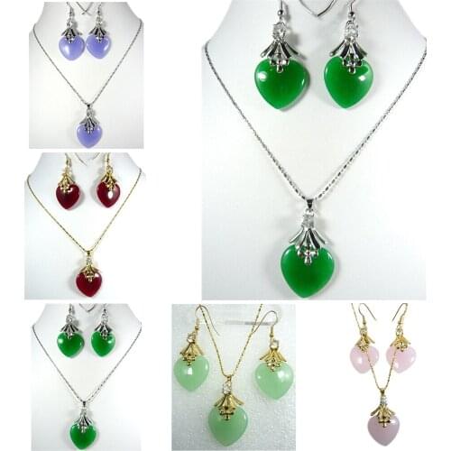 Heart Shaped Pendant Necklace Earrings Vintage Jewelry Set Green Pink Red Purple Natural Stone Gold Silver Color Fashion Gifts