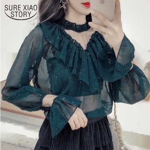 New Korean Style All-match Mesh Stitching Women Shirts Stand Collar Office Lady Women Blouses Solid Sexy Lace Shirts Blusa 10612