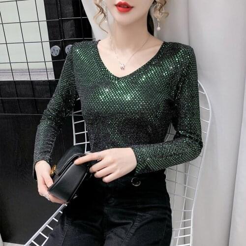 Plus Size V Neck Woman Tshirts Autumn Top Clothes Streetwear Sequins Bling Bodycon Women T Shirt Casual Long Sleeve Tees Shirt