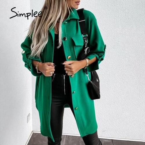 Simplee Office loose lapel pocket womens jacket green Casual ladies autumn winter long coats Minimalist split apricot outwear