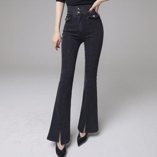 New arrival fashion spring pants women temperament simple high waist wild fashion slim black denim slim flare pants long