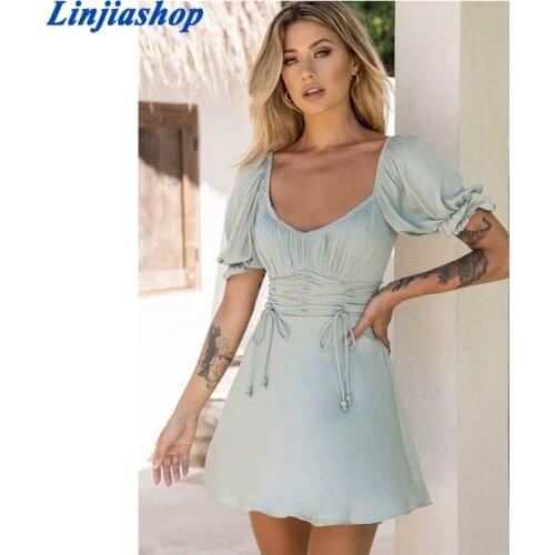 Short Sleeve Womens Satin Dresses A-line Solid Summer Dress Beach Boho Mini Dress Ruched Lace Up Vestidos De Mujer