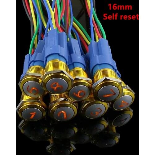 16mm Yellow alloy metal button Digital signs 1 2 3 4 5 6 7 8 LED Self reset Metal Waterproof Button Switch red blue green