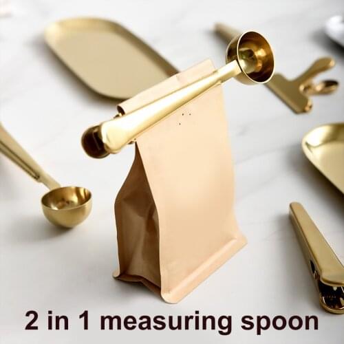 Two-in-one Stainless Steel Coffee Spoon Sealing Clip Kitchen Gold Measuring Scoop 1Cup Ground Coffee Measuring Scoop Spoons