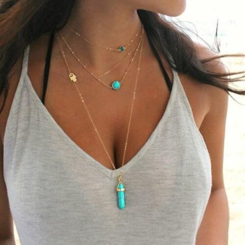 4 Pcs/Set Women Necklaces Retro Hand Eye Blue Bead Water Drop Geometric Clavicle Chain Gold Necklace Set Party Jewelry
