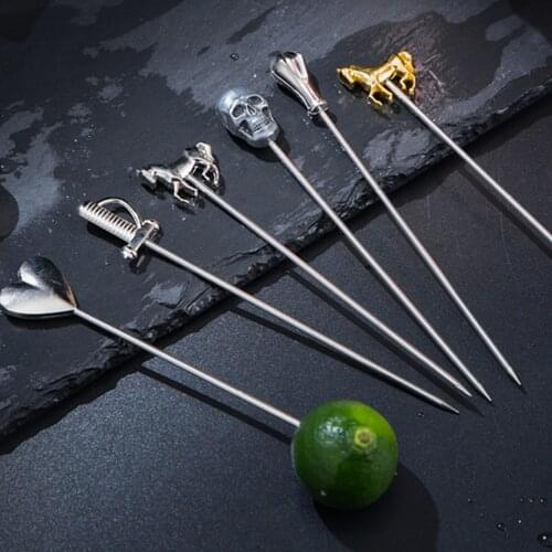 6ps Cocktail Pick Stainless Steel Fruit Sticks Bar Tools Drink Stirring Sticks Martini Picks Party Wedding Accessory