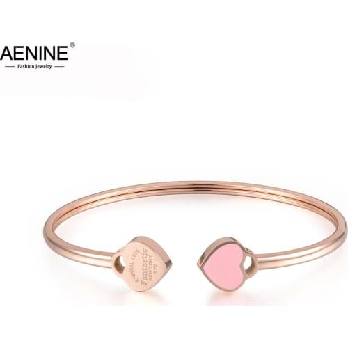 AENINE Trendy Titanium Stainless Steel Love Heart Bangles For Women Girls Blue/Pink Glaze Charm Cuff Bracelets Jewelry AB17027
