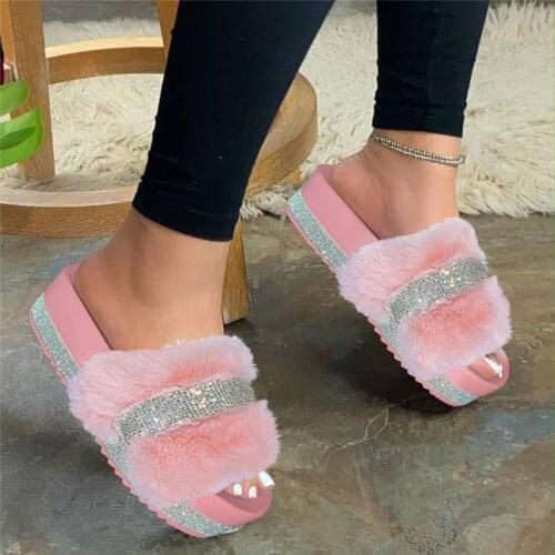 2020 Bling Womens Plush Slippers Fur Slides Rhinestones Outdoor Flat Women Platform Sandals Fluffy Casual Shoes Furry Slides U3