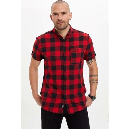 DeFacto Mens Single Pocket Black Striped Red Slim Fit Summer New Season 2021 Fashion 100% Cotton Cute Mens Shirts