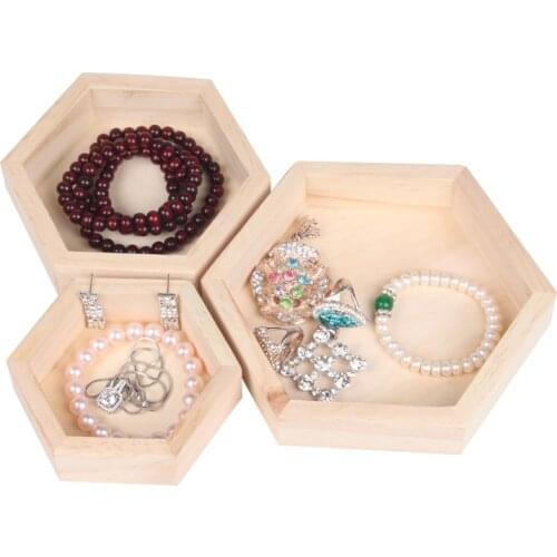 Wood Hexagonal Jewelry Display Tray Necklace Beads Earrings Ring Jewelry Storage Box Carrying Cases
