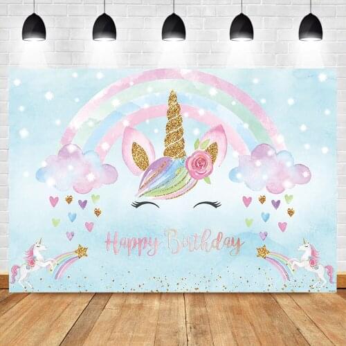 NeoBack Gold Unicorn Rainbown Baby Girl Birthday Photo Background Photophone Love Blue Sky Colorful Clouds Photography Backdrops