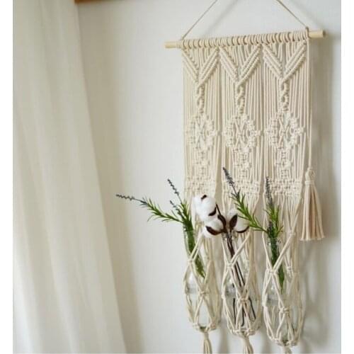 Nordic Style Tassel Tapestry Pure Cotton Thread Hand-woven Ornaments Living Room Bedroom Bohemian Tapestry Hanging Pocket