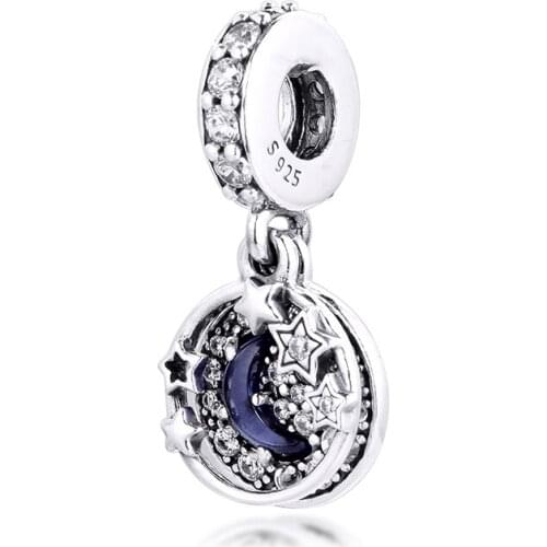 Blue Night Sky Moon & Stars Dangle Charm 925 Sterling Silver Beads DIY Jewelry for Women Christams Fine Gift 2020 Winter newest