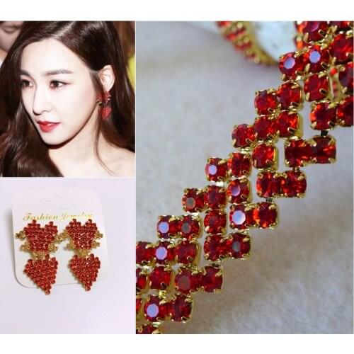 Exquisite Red/Silver Hot Fix Rhinestone Cup Chain Trim Bridal Crystal Appliques For Wedding Dress Body Jewelry Chain 2 Yards