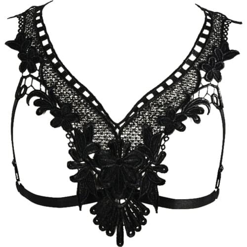 JLX.HARNESS Lace Flowers Body Cage HarnessBelt Sexy Bra Bondage Lingerie Goth Woman Black Lace Edgy Bra Rave body harness