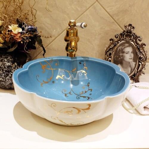 Europe Style China Artistic Handmade Flower Shape Counter top Ceramic Bathroom Vessel Sink hand washing sink