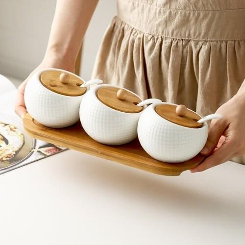Creative Kitchen Seasoning Jar Household Ceramic Spice Rack With Bamboo Lid Seasoning Bottle Combination Set