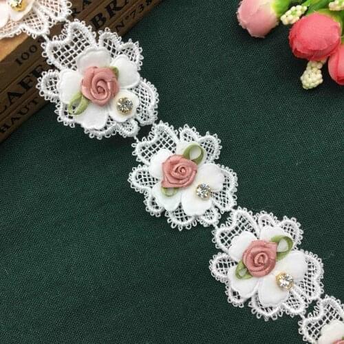 1 yard White Rose Flower 3D Diamond Mesh Embroidered Lace Trim Ribbon Wedding Sewing Supplies Craft For Costumes Decoration 45mm