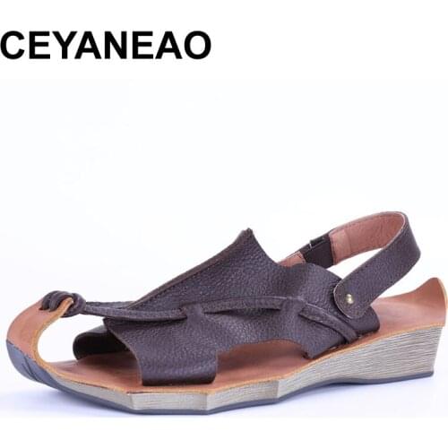 CEYANEAO Summer new genuine Leather retro leisure womens sandals,cowhide handmade cotton and hemp artistic sandals