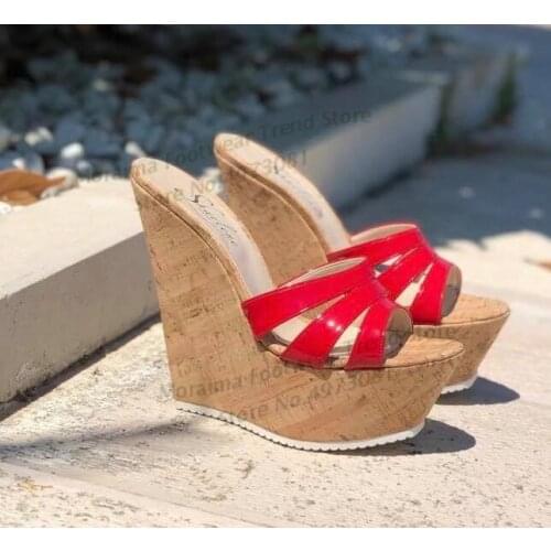 Moraima Snc Summer Open Toe Platform Wedge Sandal Red Black Patent leather Cutouts Party Dress Shoe Woman Summer Dress Heels